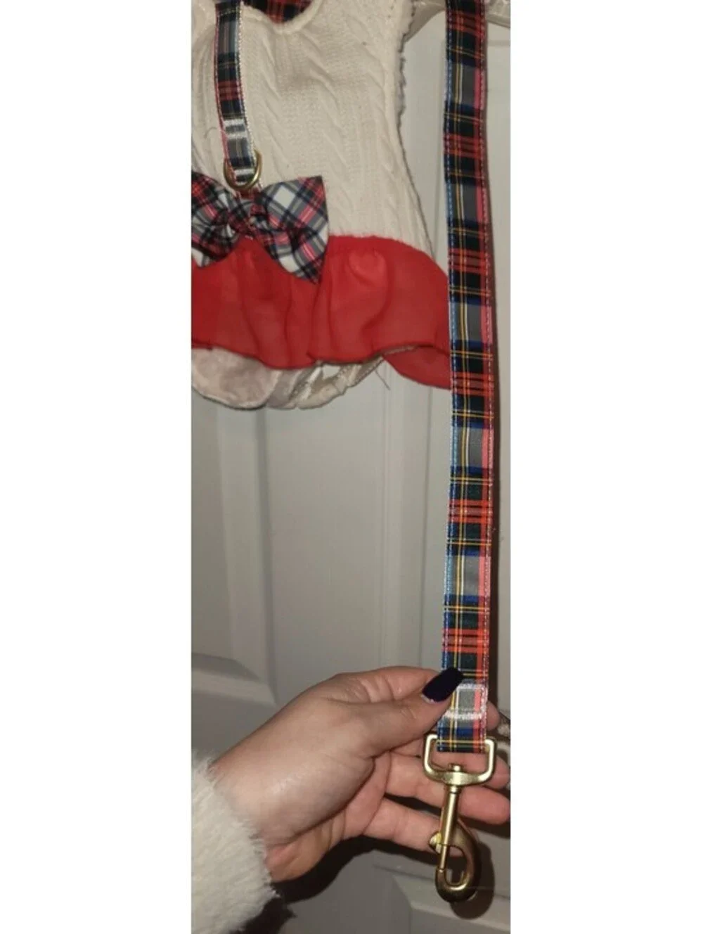 PETSMART CREAM/RED PLAID HOLIDAY BOW RUFFLE HARNESS SET MED+ 4FT MATCHING LEASH